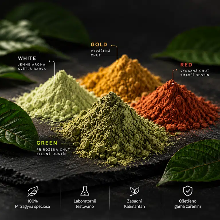 Kratomový prášek KratomPower ve variantách Green, White, Gold a Red