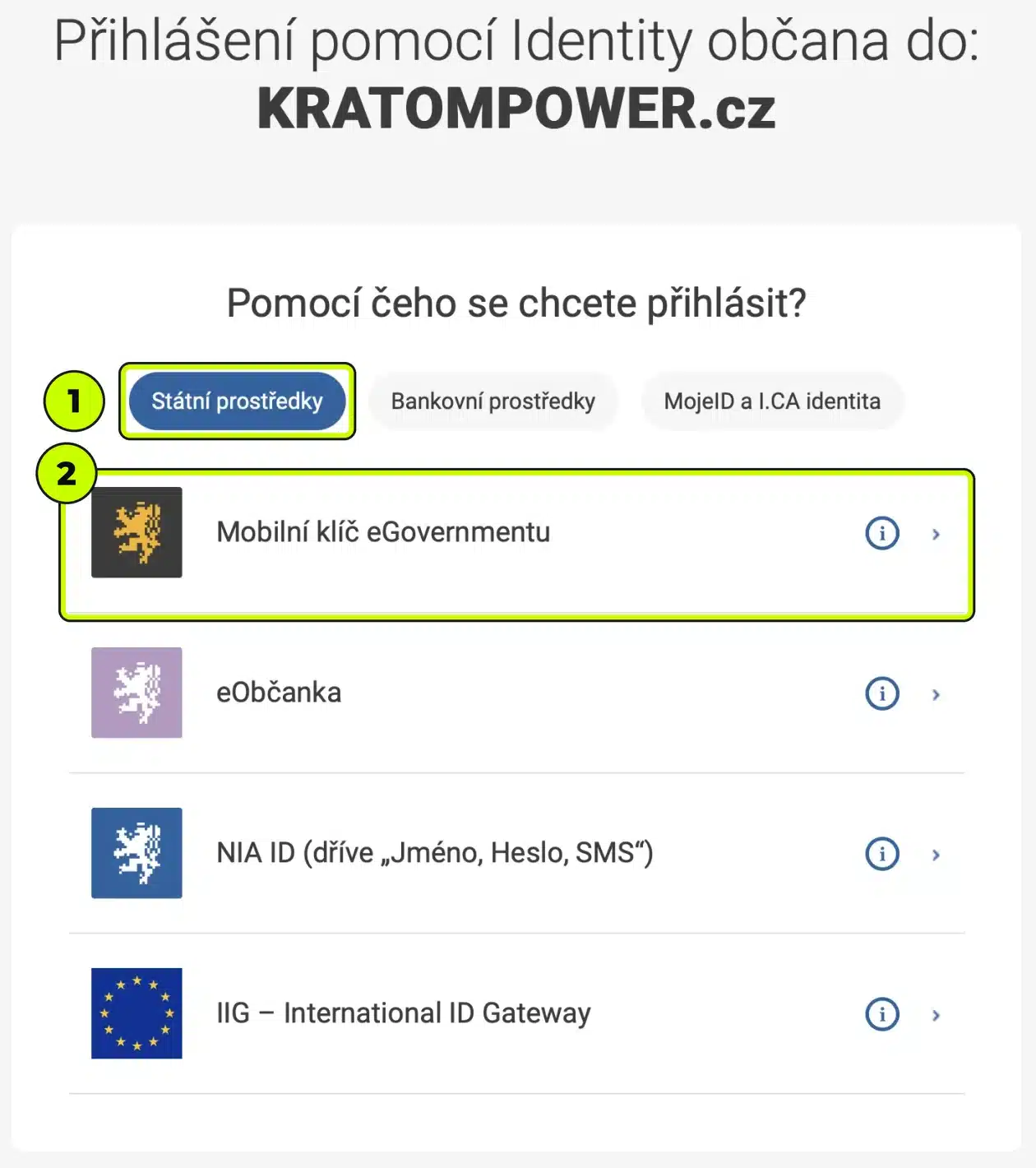 Výběr přihlašovacího prostředku – Státní prostředky, Mobilní klíč eGovernmentu