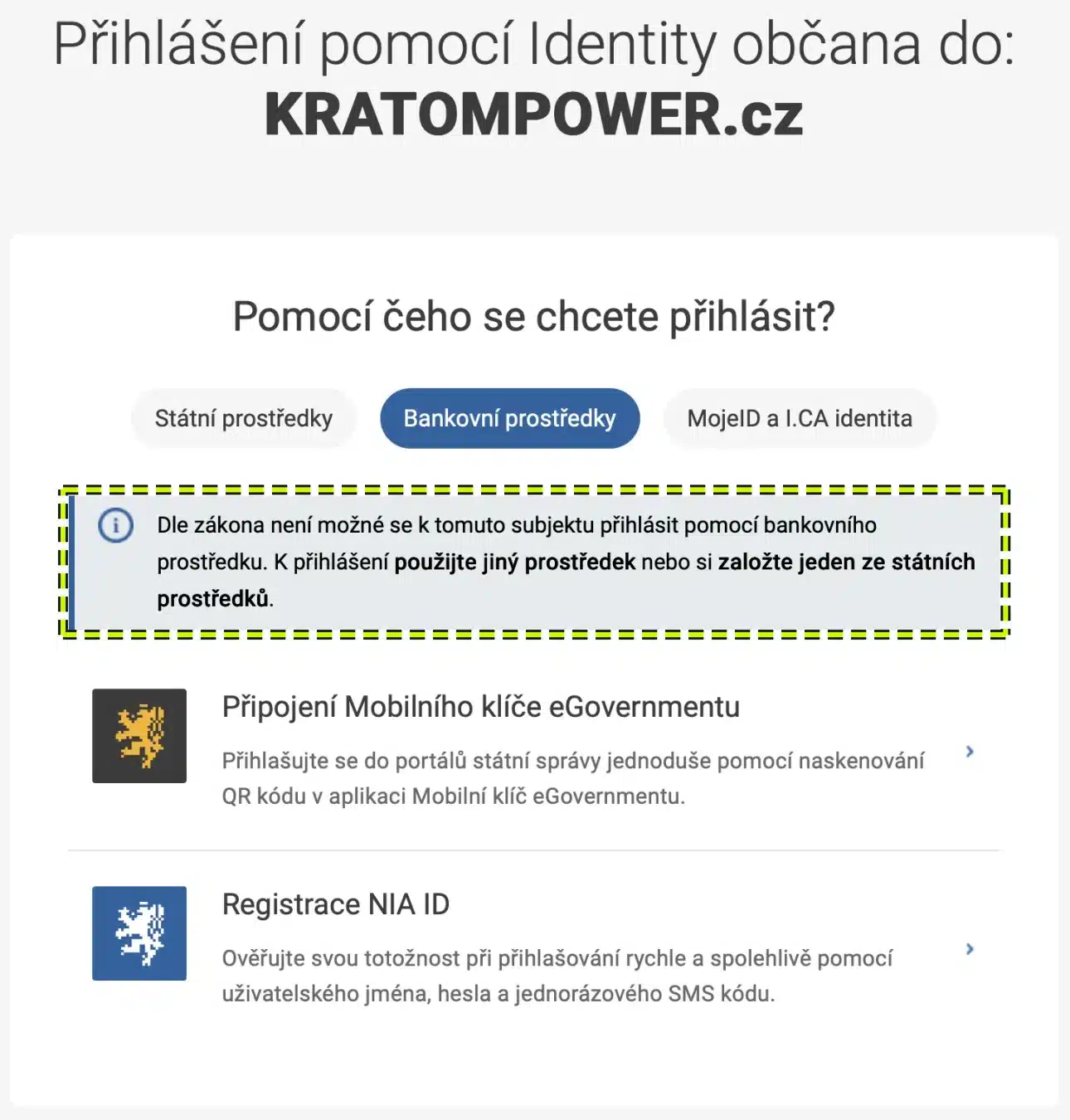 Identita občana: k e-shopu KRATOMPOWER.cz se nelze přihlásit bankovním prostředkem