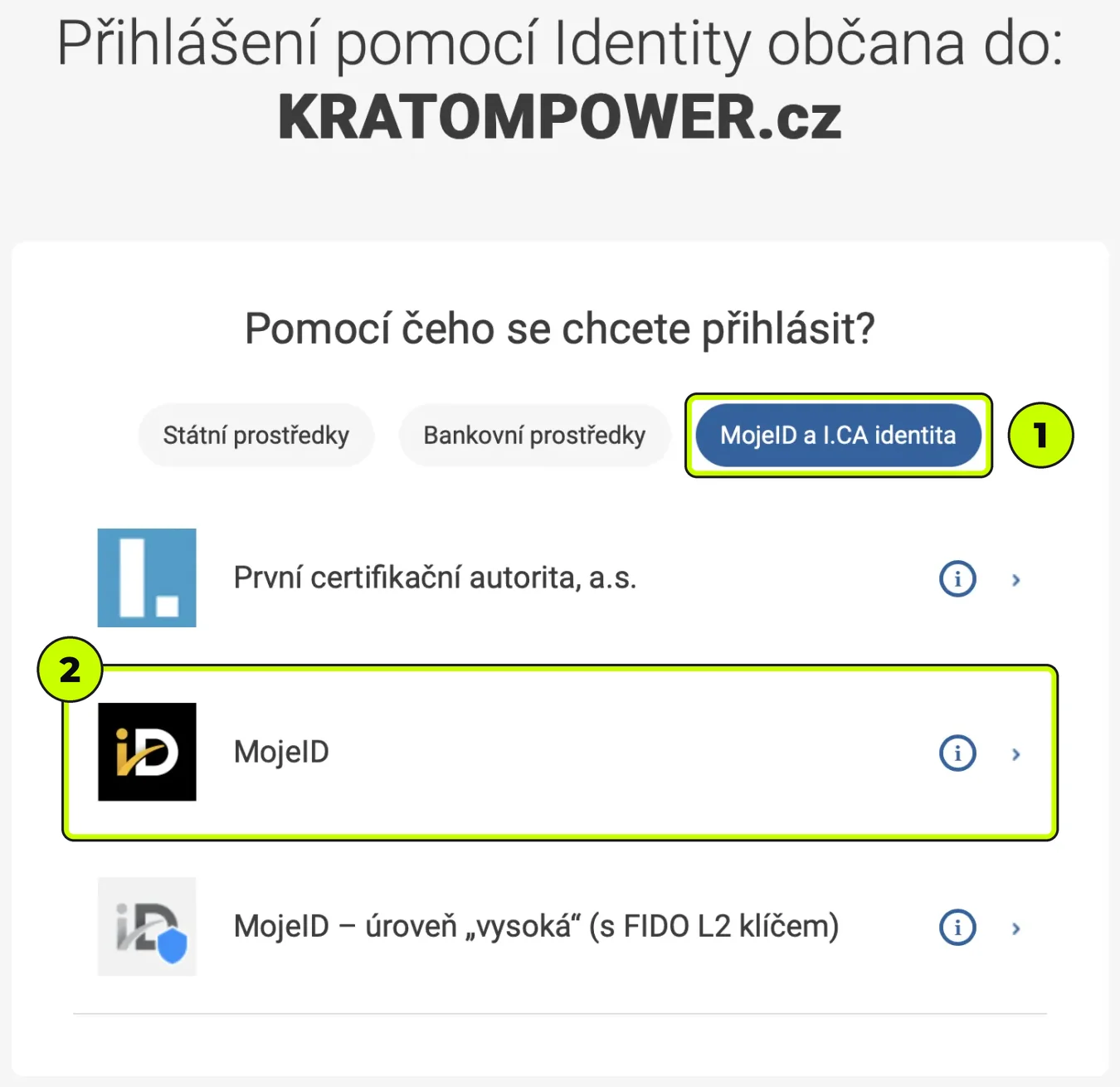 Přihlášení k KRATOMPOWER.cz – záložka MojeID a I.CA identita, MojeID