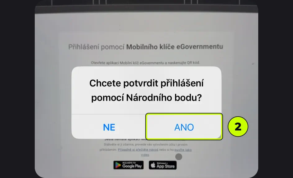 Aplikace – potvrzení přihlášení pomocí Národního bodu, tlačítko Ano