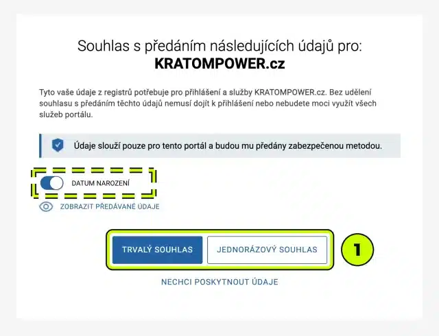 Souhlas s předáním údajů pro KRATOMPOWER.cz – datum narození, Trvalý nebo Jednorázový souhlas
