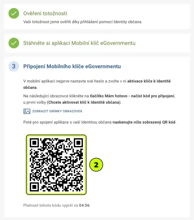 Portál Identity občana – QR kód pro připojení Mobilního klíče