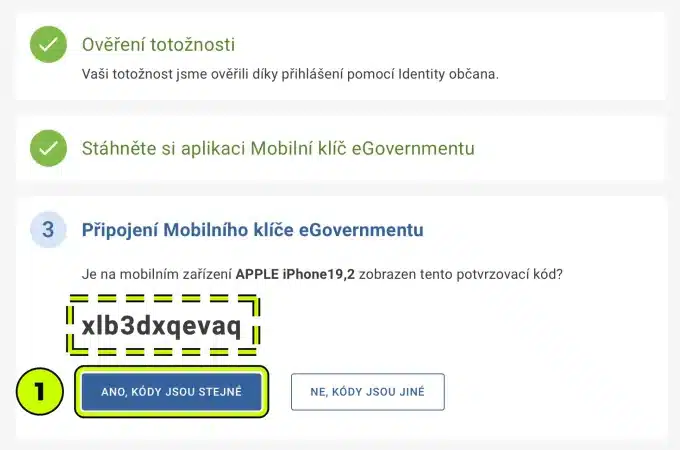 Kontrola potvrzovacího kódu – Ano, kódy jsou stejné