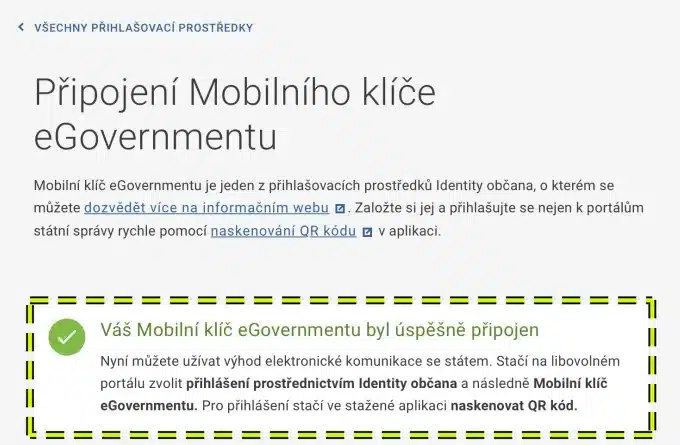 Mobilní klíč eGovernmentu byl úspěšně připojen