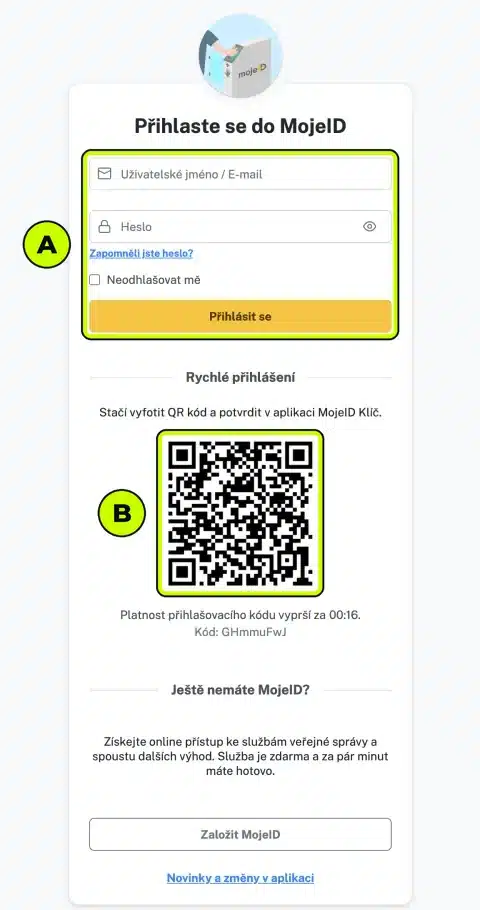 Přihlášení do MojeID jménem a heslem nebo QR kódem