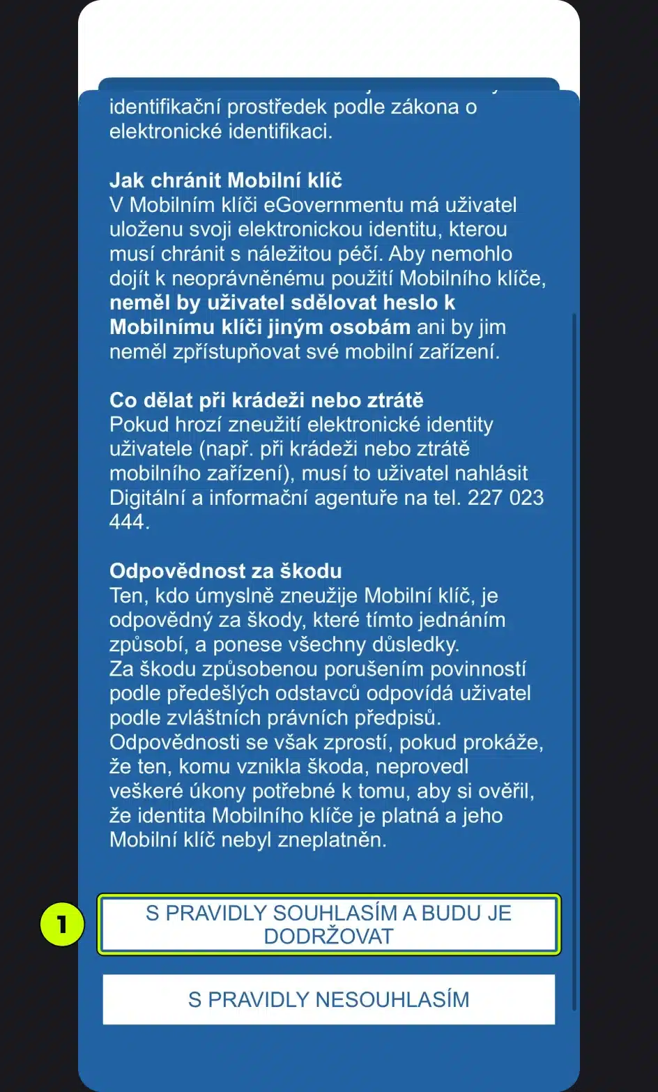 Pravidla použití Mobilního klíče – S pravidly souhlasím a budu je dodržovat