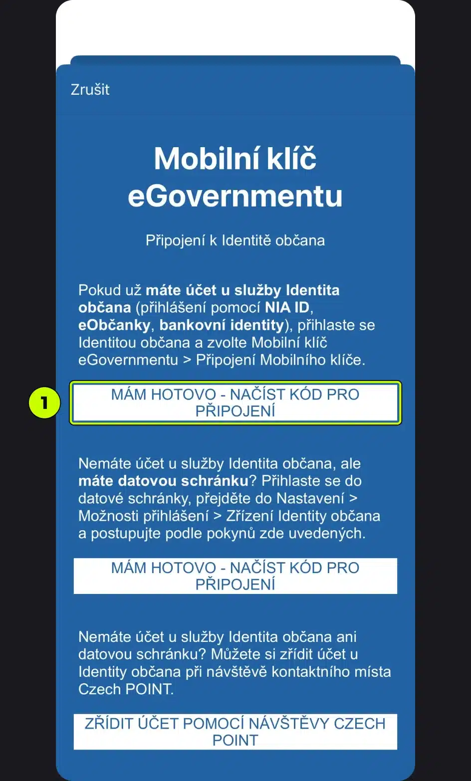 Aplikace – Mám hotovo, načíst kód pro připojení
